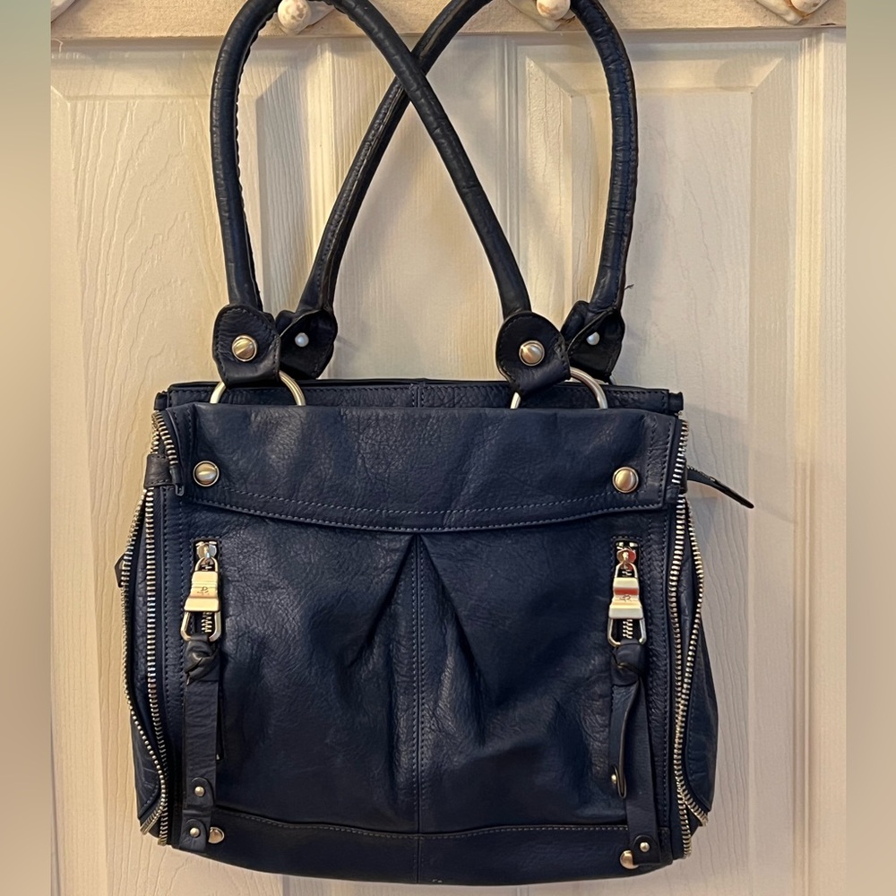 B Makowsky Indigo Blue Leather Zipper Satchel Bag